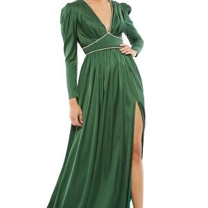 Green Satin Empire Waist Gown with Crystal Neckline and Waist
